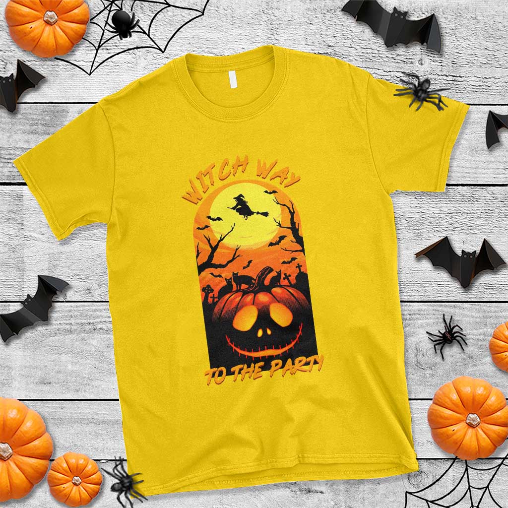 Halloween Witch Way To The Party T Shirt Black Cat Pumpkin - Wonder Print Shop
