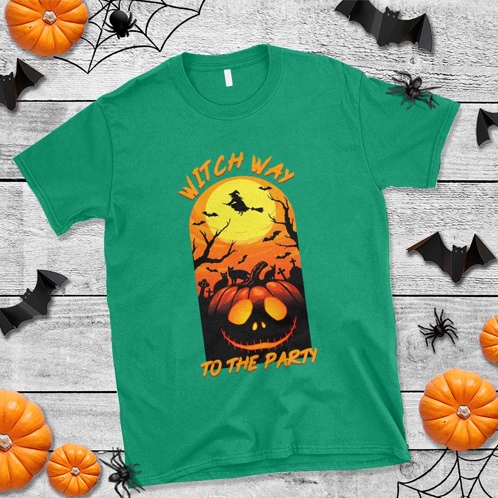 Halloween Witch Way To The Party T Shirt Black Cat Pumpkin - Wonder Print Shop