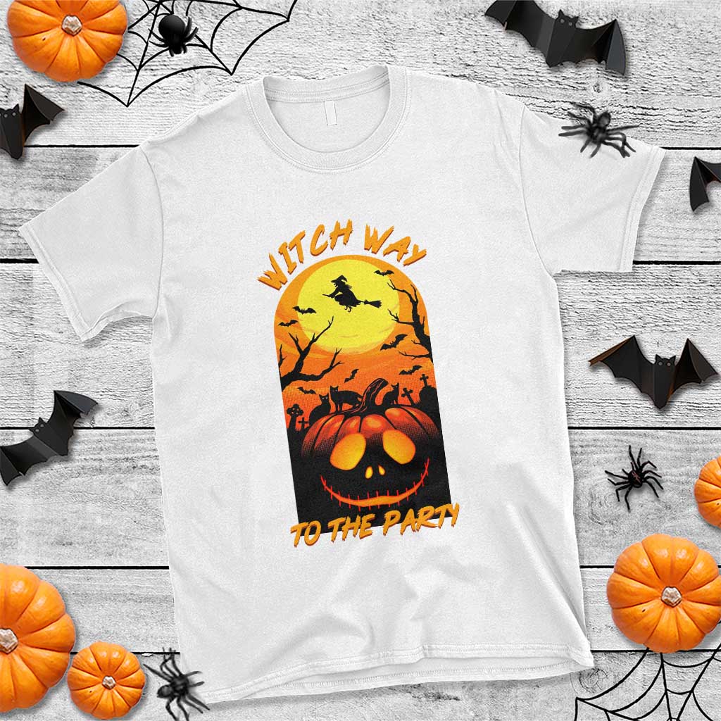 Halloween Witch Way To The Party T Shirt Black Cat Pumpkin - Wonder Print Shop
