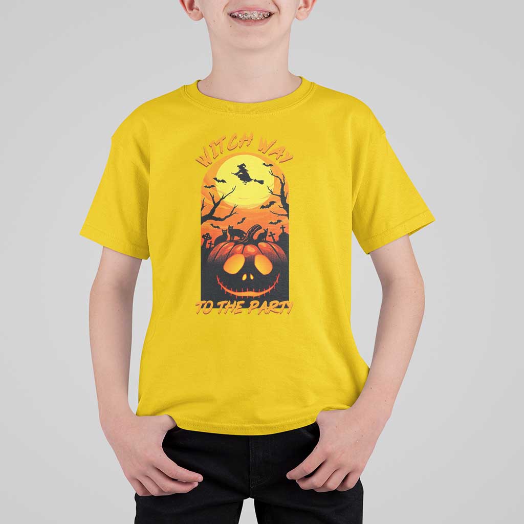 Halloween Witch Way To The Party T Shirt For Kid Black Cat Pumpkin - Wonder Print Shop