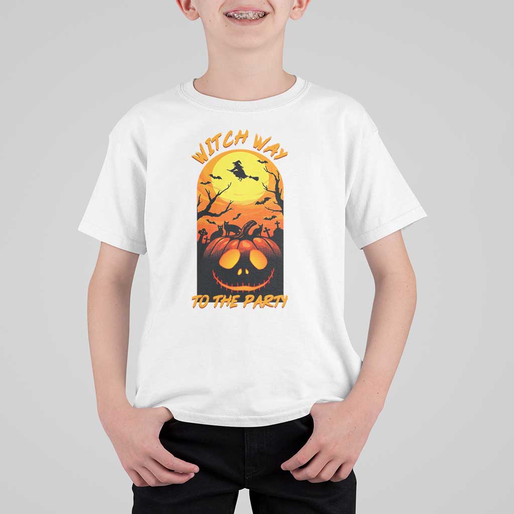 Halloween Witch Way To The Party T Shirt For Kid Black Cat Pumpkin - Wonder Print Shop