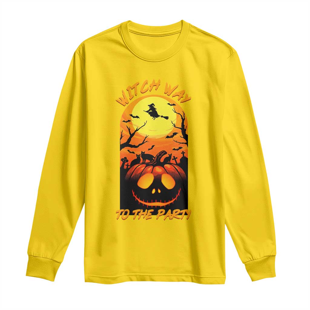 Halloween Witch Way To The Party Long Sleeve Shirt Black Cat Pumpkin - Wonder Print Shop
