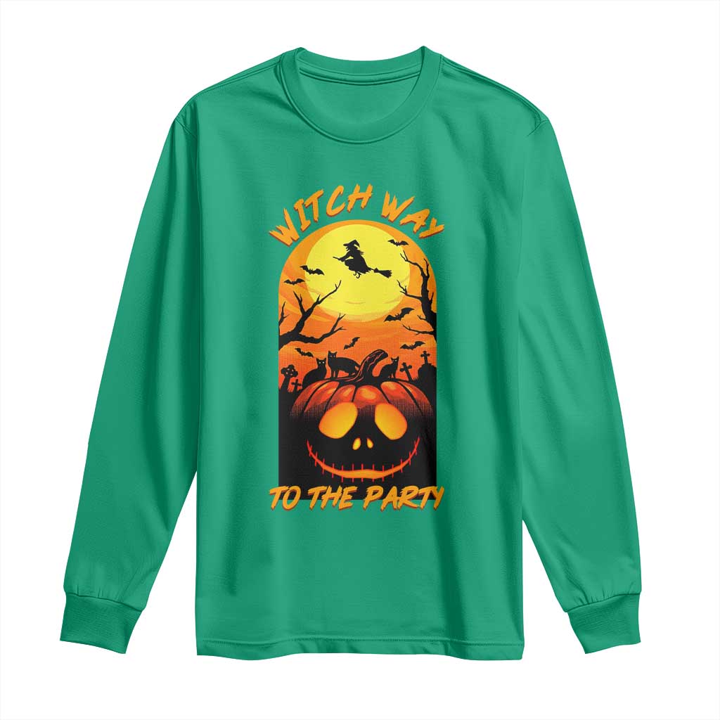Halloween Witch Way To The Party Long Sleeve Shirt Black Cat Pumpkin - Wonder Print Shop