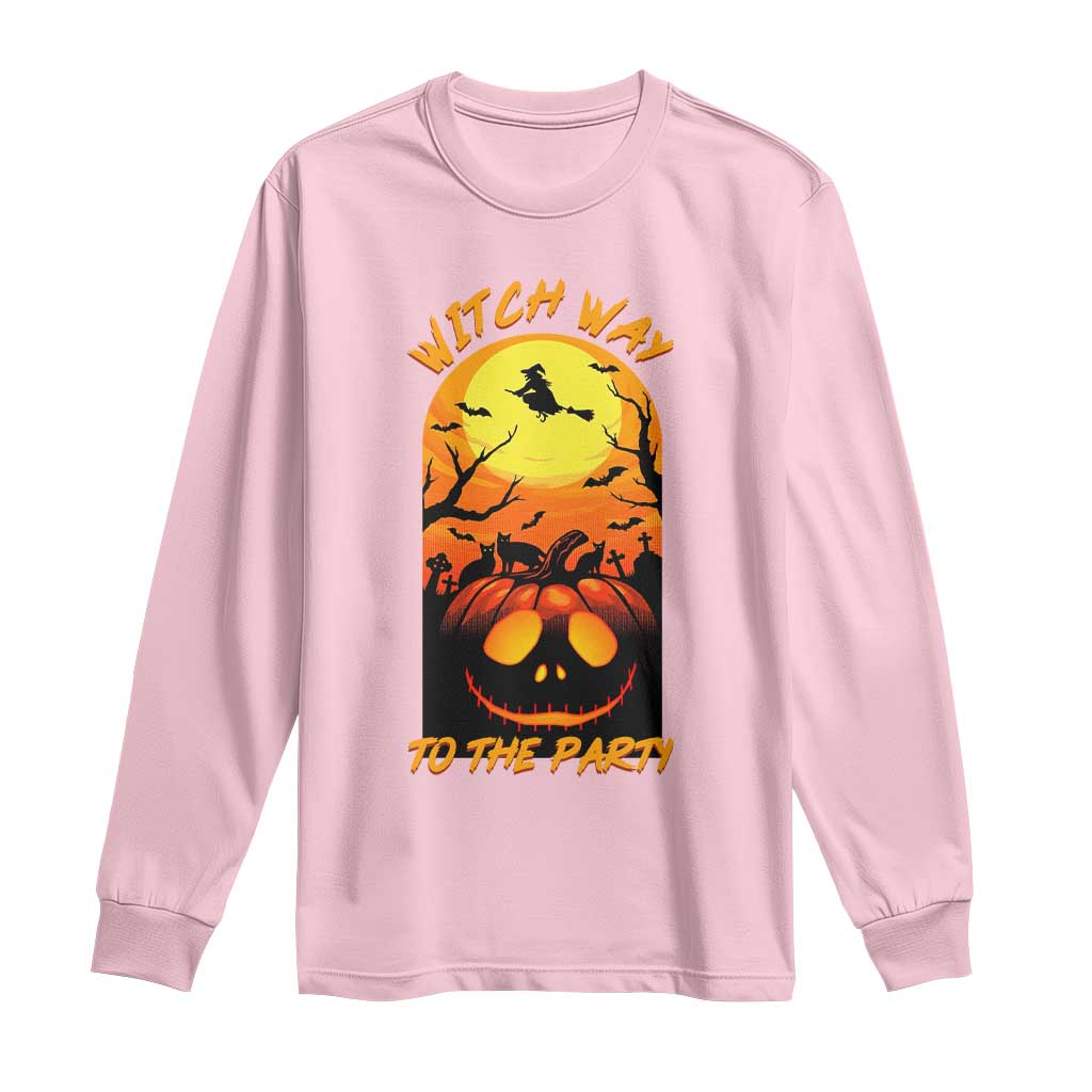 Halloween Witch Way To The Party Long Sleeve Shirt Black Cat Pumpkin - Wonder Print Shop