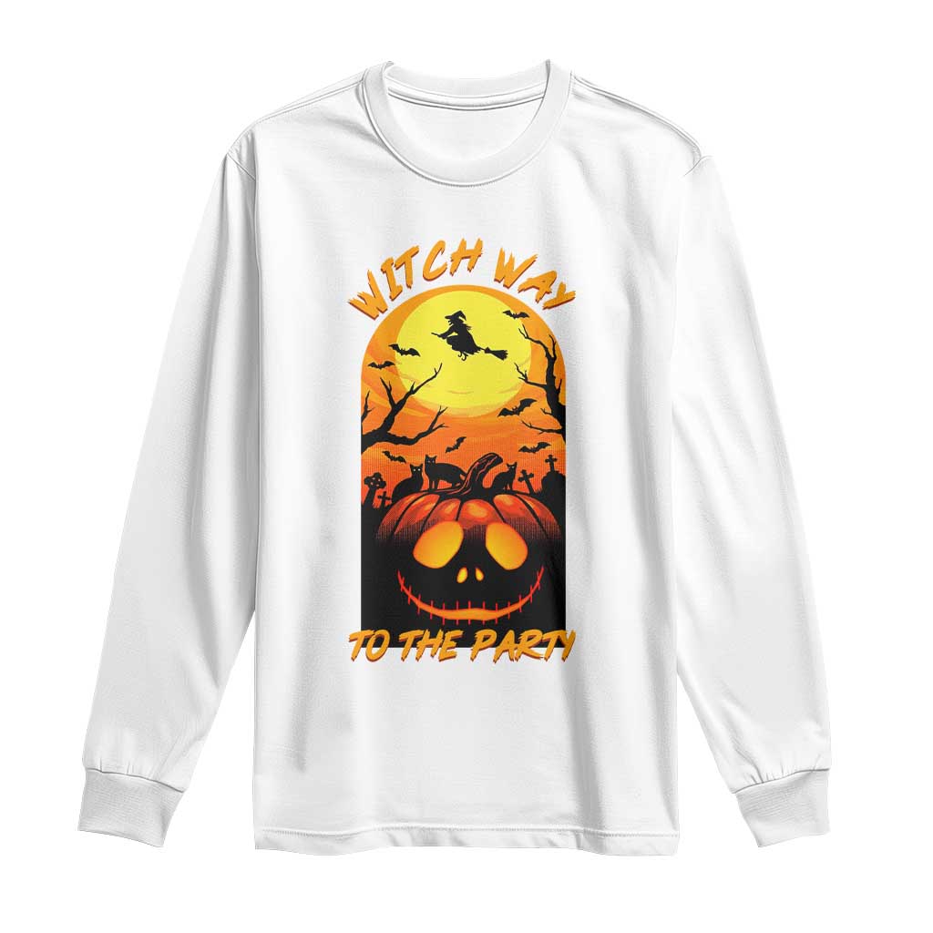 Halloween Witch Way To The Party Long Sleeve Shirt Black Cat Pumpkin - Wonder Print Shop