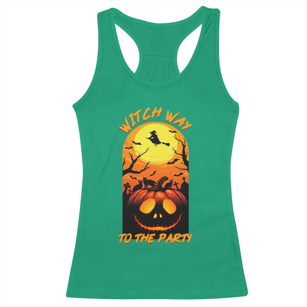 Halloween Witch Way To The Party Racerback Tank Top Black Cat Pumpkin - Wonder Print Shop