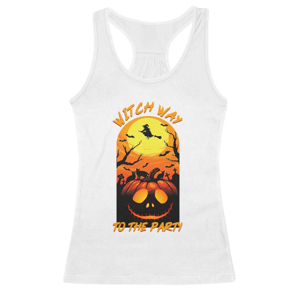 Halloween Witch Way To The Party Racerback Tank Top Black Cat Pumpkin - Wonder Print Shop