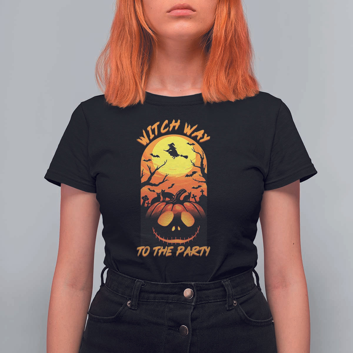 Halloween Witch Way To The Party T Shirt For Women Black Cat Pumpkin - Wonder Print Shop