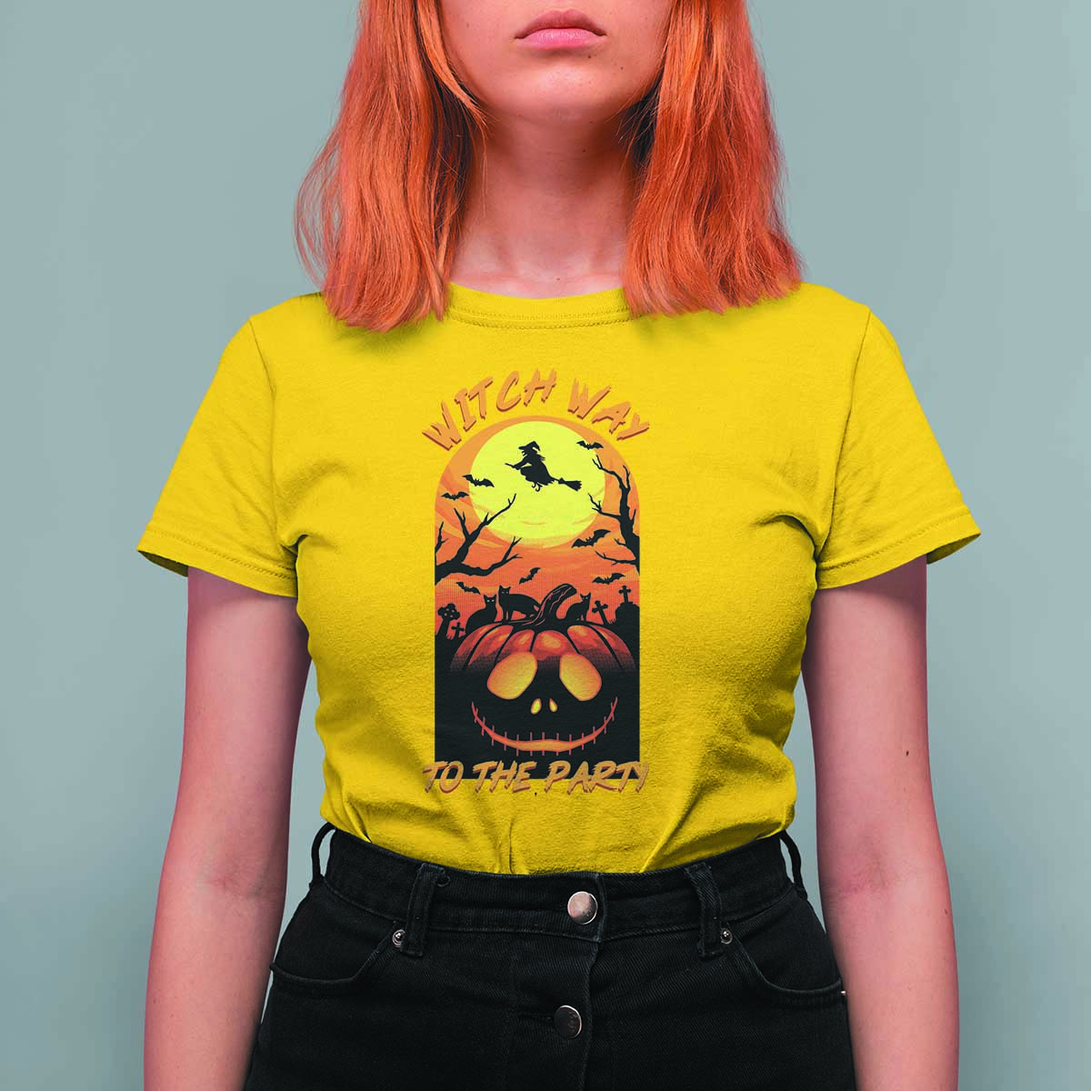 Halloween Witch Way To The Party T Shirt For Women Black Cat Pumpkin - Wonder Print Shop