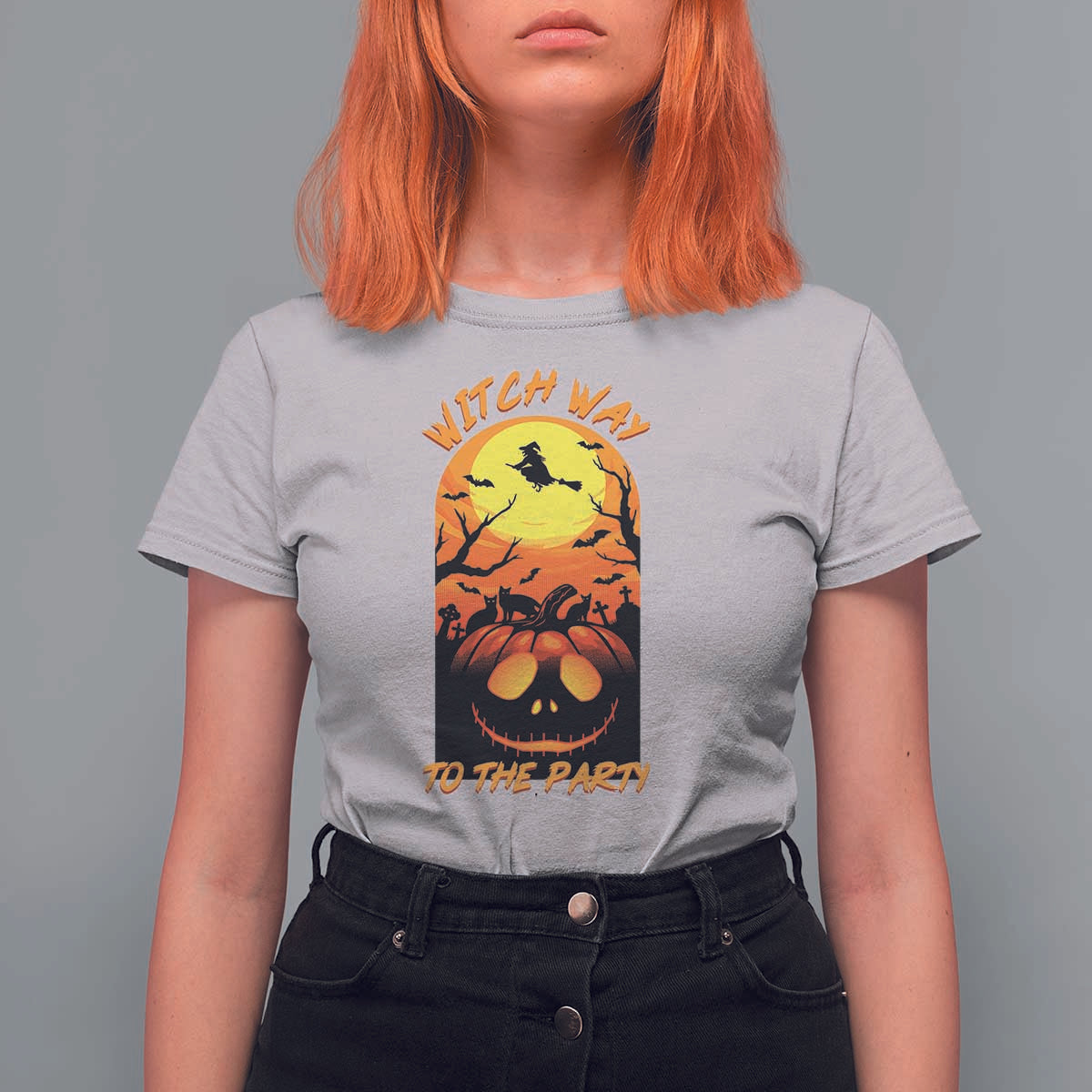 Halloween Witch Way To The Party T Shirt For Women Black Cat Pumpkin - Wonder Print Shop