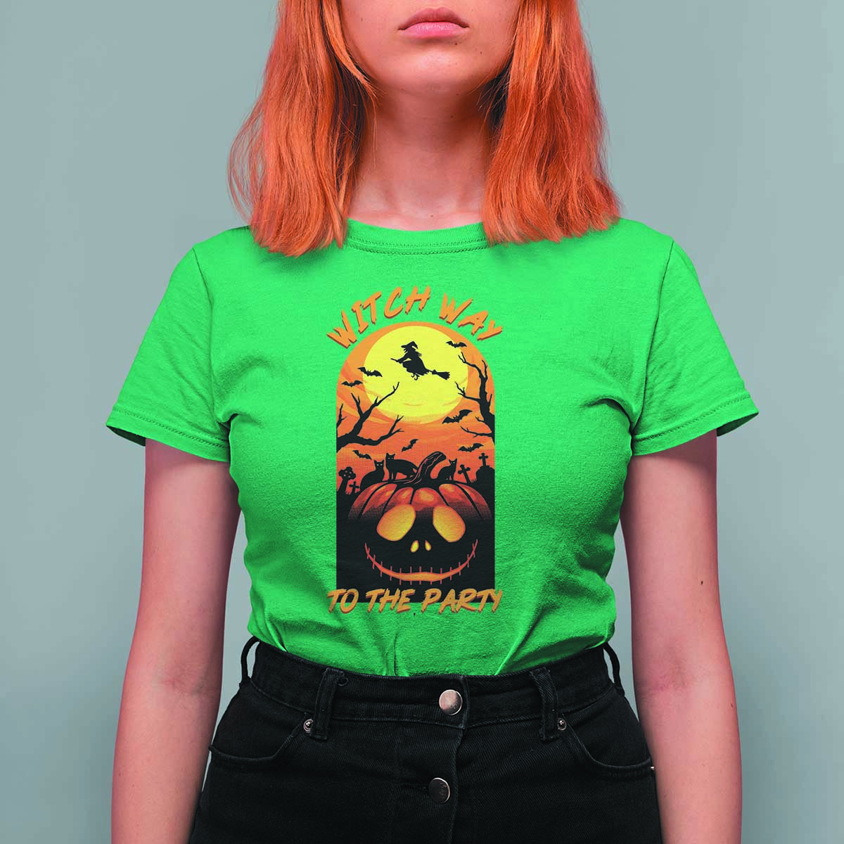 Halloween Witch Way To The Party T Shirt For Women Black Cat Pumpkin - Wonder Print Shop