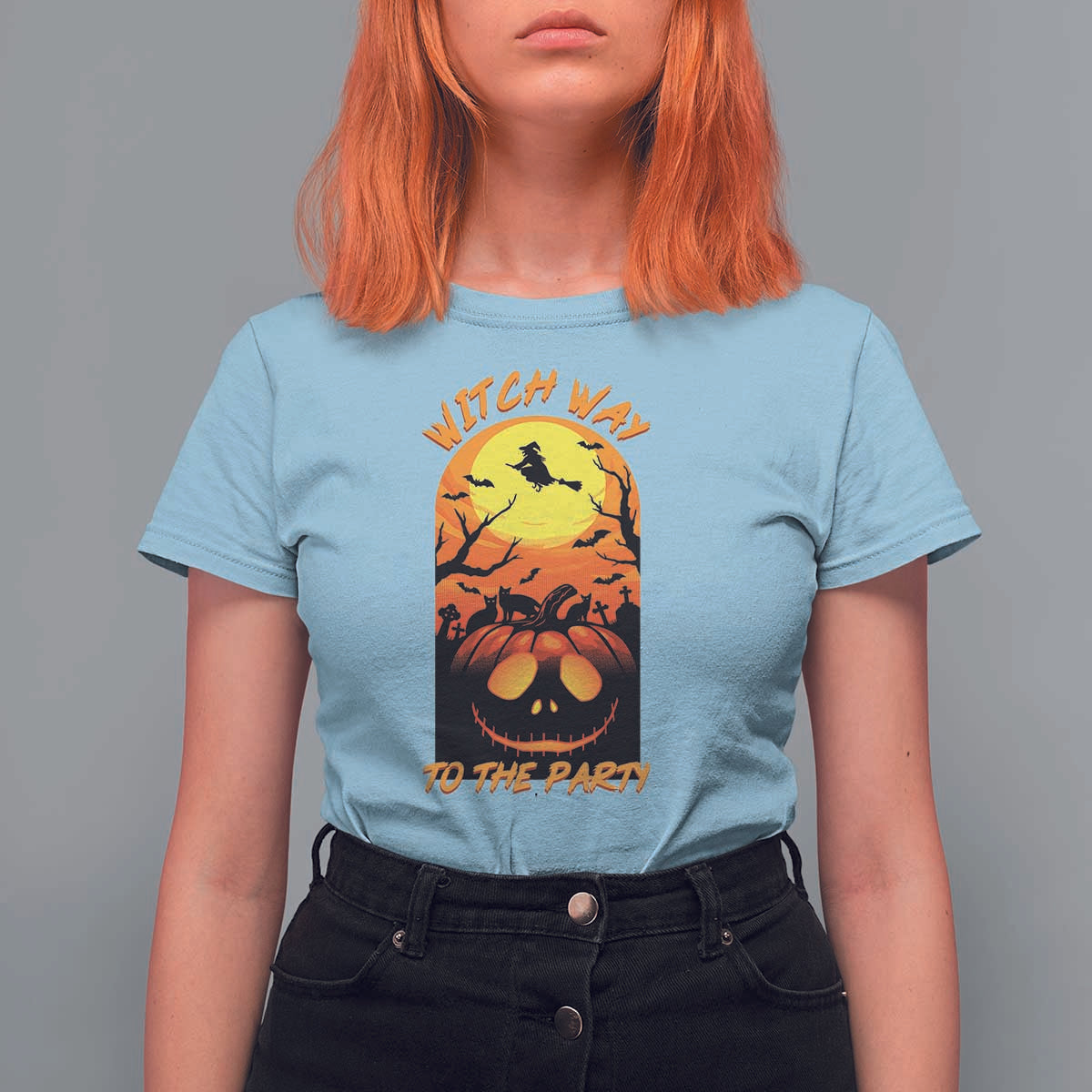 Halloween Witch Way To The Party T Shirt For Women Black Cat Pumpkin - Wonder Print Shop