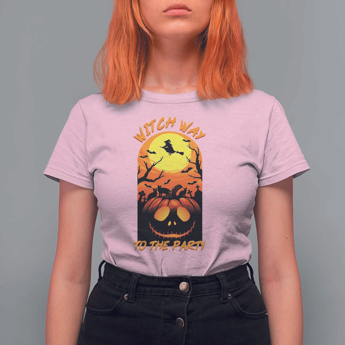 Halloween Witch Way To The Party T Shirt For Women Black Cat Pumpkin - Wonder Print Shop
