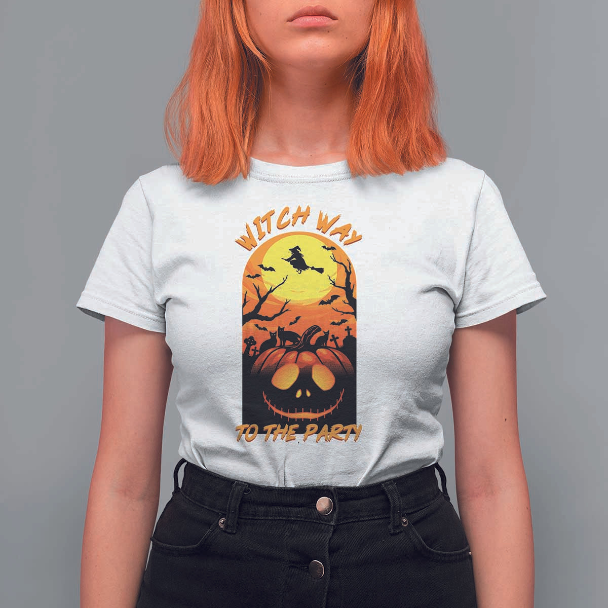 Halloween Witch Way To The Party T Shirt For Women Black Cat Pumpkin - Wonder Print Shop