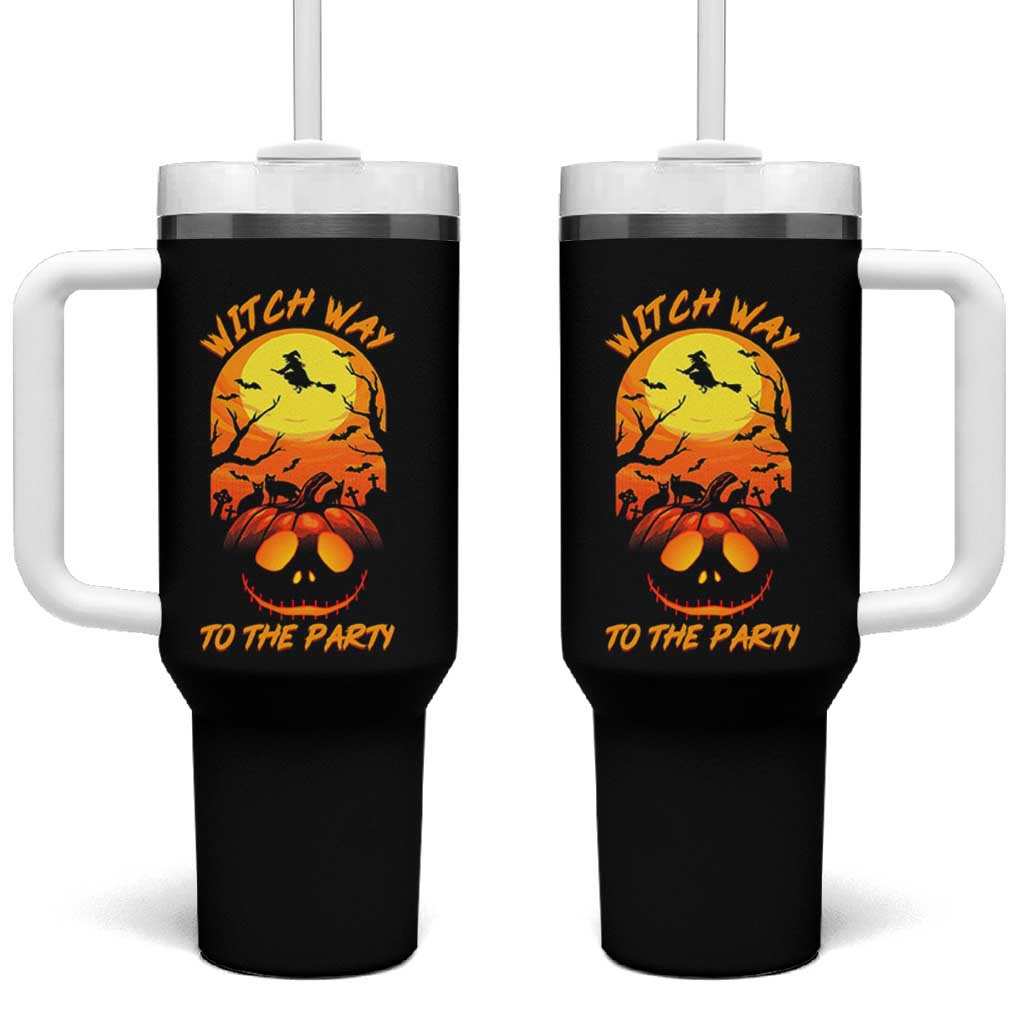 Halloween Witch Way To The Party Tumbler With Handle Black Cat Pumpkin