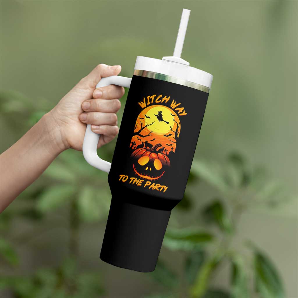 Halloween Witch Way To The Party Tumbler With Handle Black Cat Pumpkin