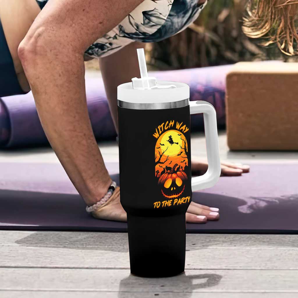 Halloween Witch Way To The Party Tumbler With Handle Black Cat Pumpkin