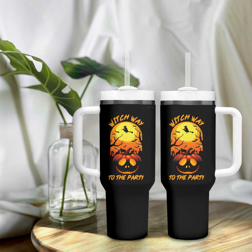 Halloween Witch Way To The Party Tumbler With Handle Black Cat Pumpkin