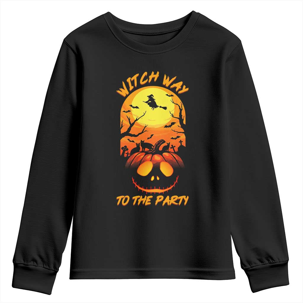 Halloween Witch Way To The Party Youth Sweatshirt Black Cat Pumpkin - Wonder Print Shop