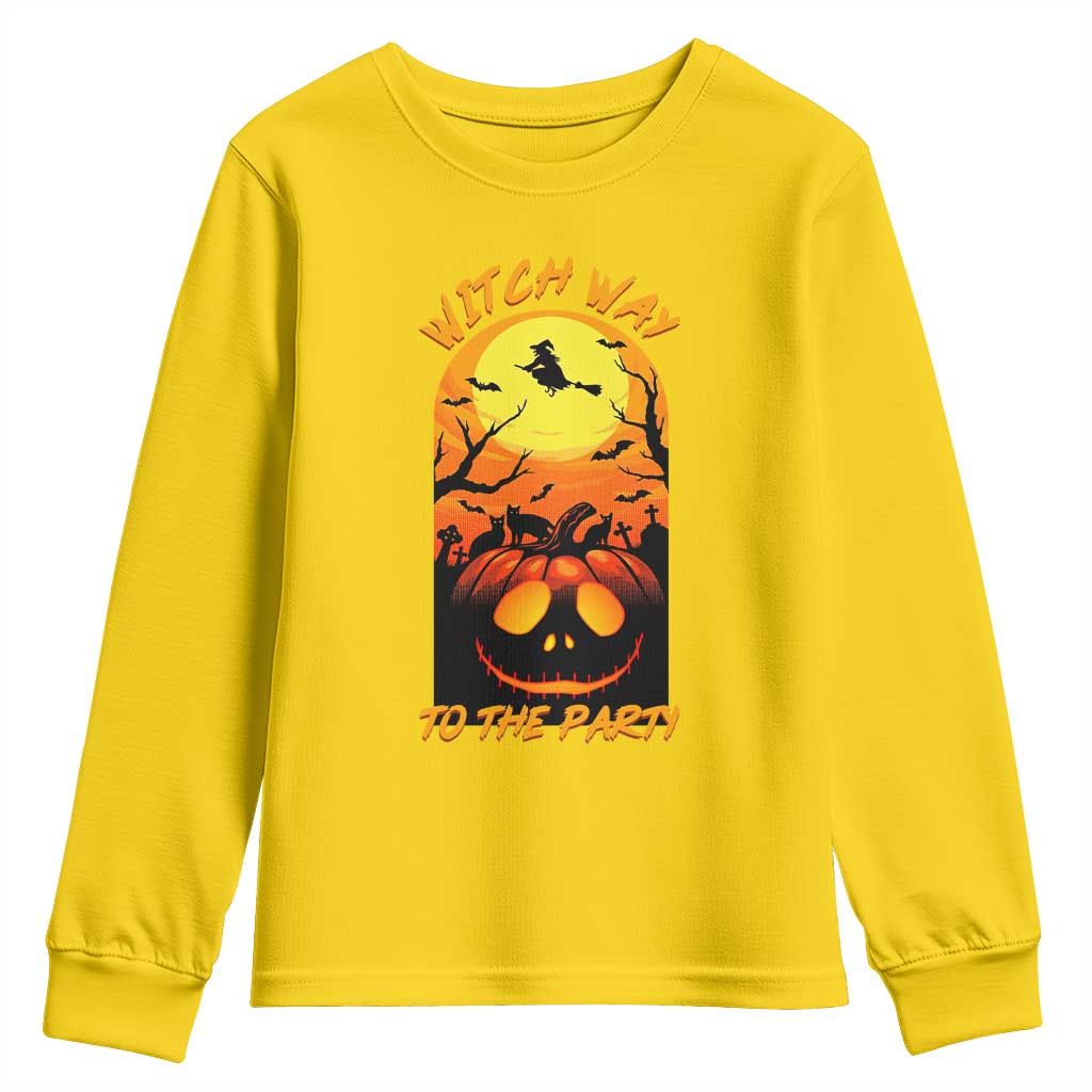 Halloween Witch Way To The Party Youth Sweatshirt Black Cat Pumpkin - Wonder Print Shop