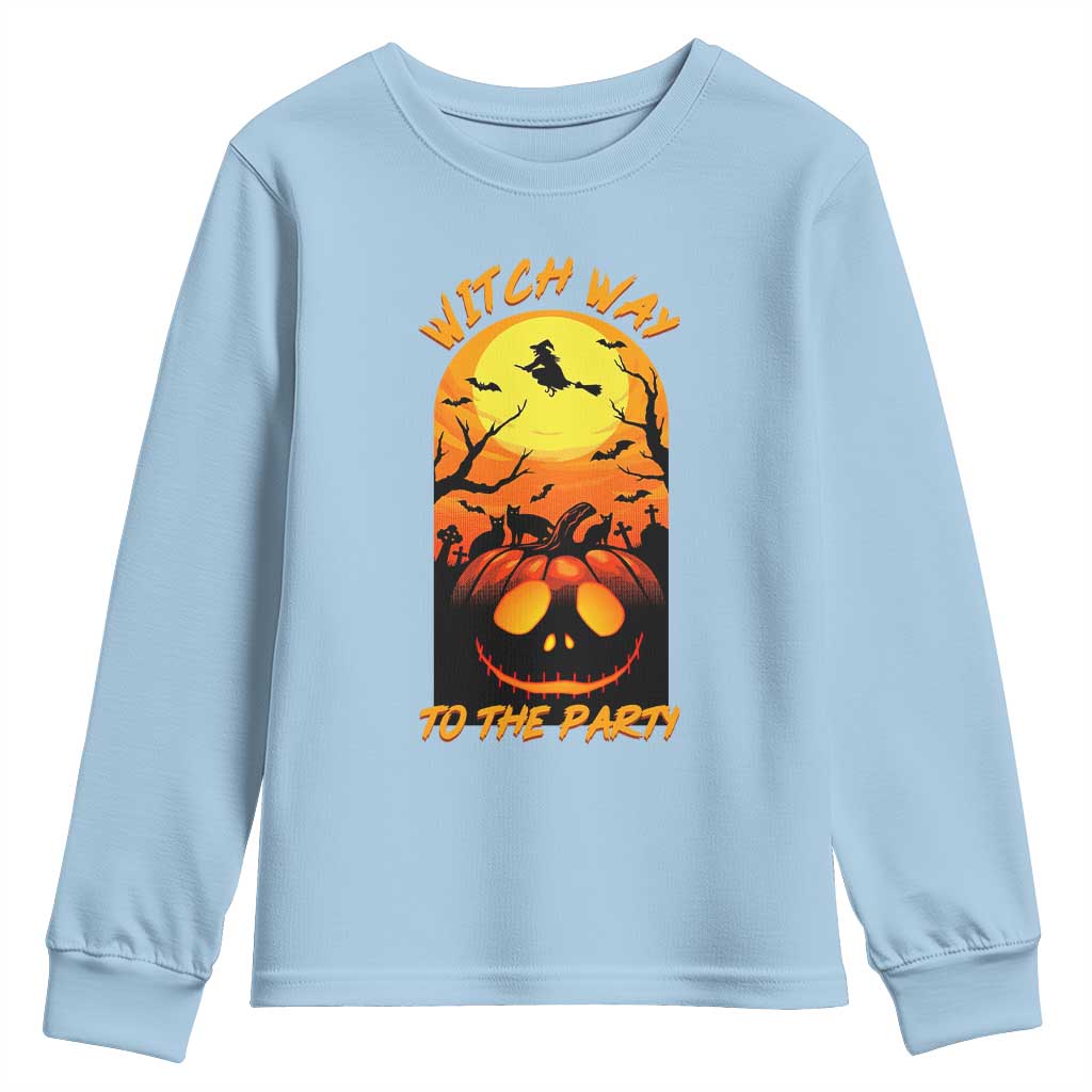 Halloween Witch Way To The Party Youth Sweatshirt Black Cat Pumpkin - Wonder Print Shop