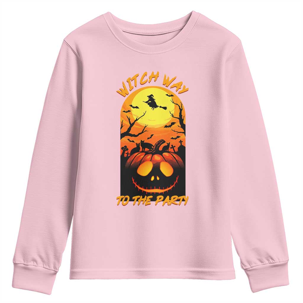 Halloween Witch Way To The Party Youth Sweatshirt Black Cat Pumpkin - Wonder Print Shop