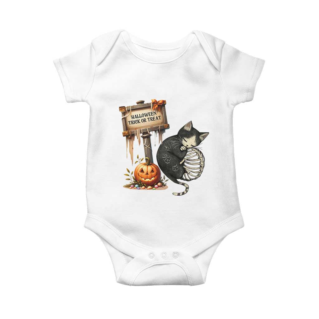 Halloween Trick Or Treat Black Cat Skeleton Baby Onesie - Wonder Print Shop