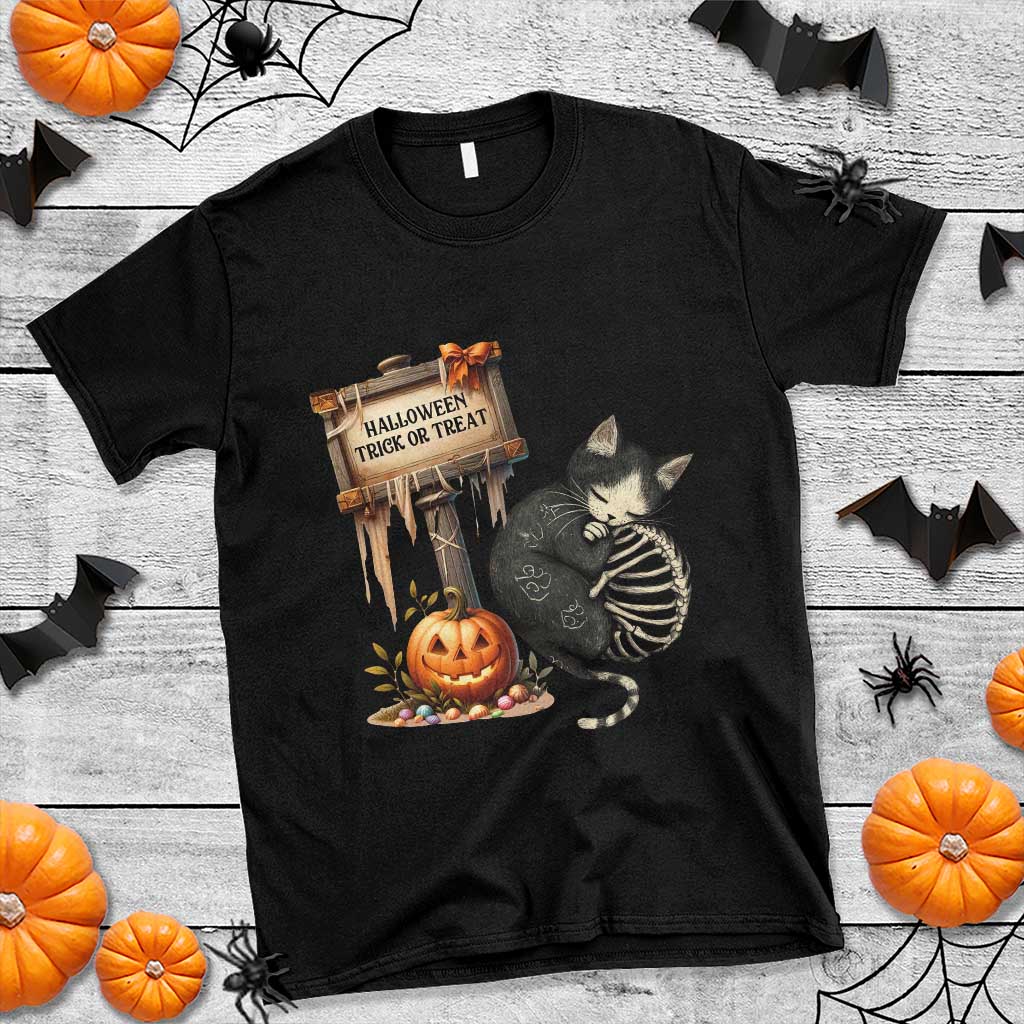 Halloween Trick Or Treat Black Cat Skeleton T Shirt - Wonder Print Shop