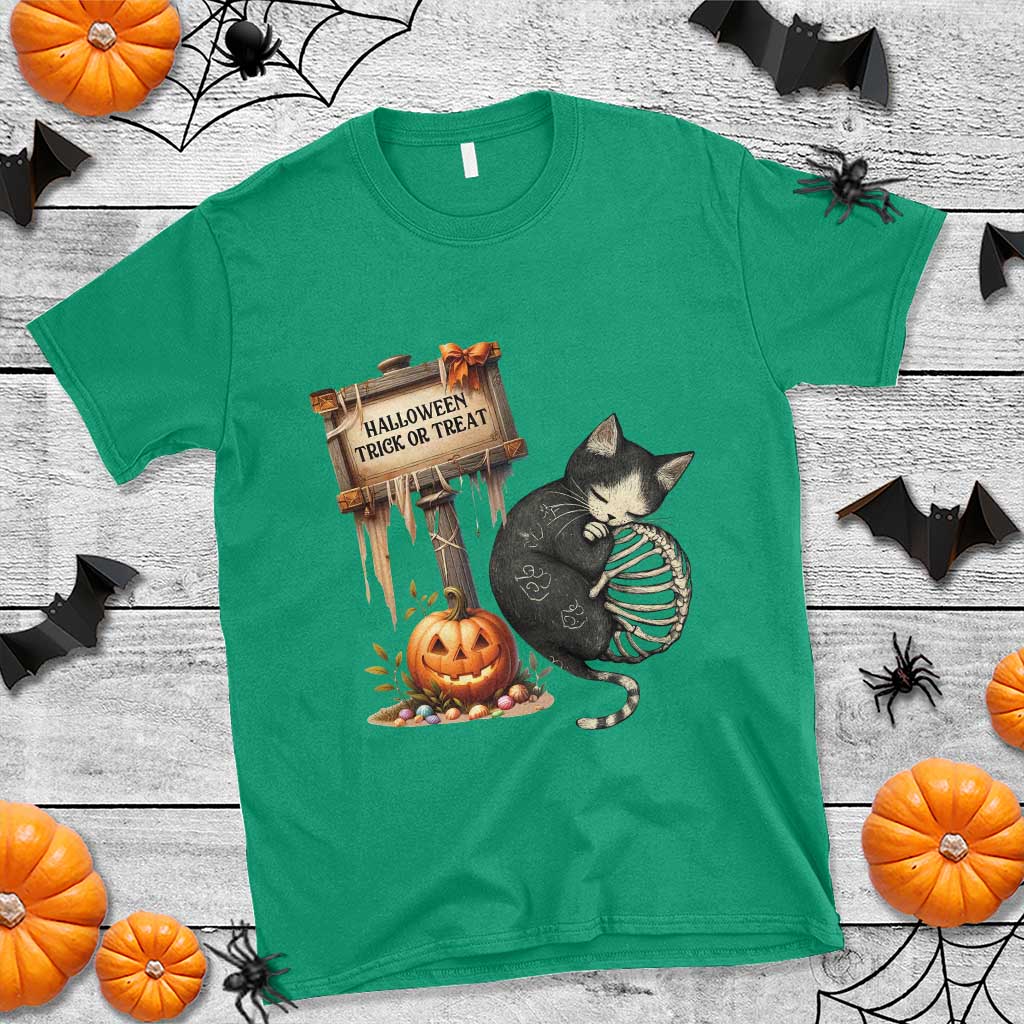 Halloween Trick Or Treat Black Cat Skeleton T Shirt - Wonder Print Shop