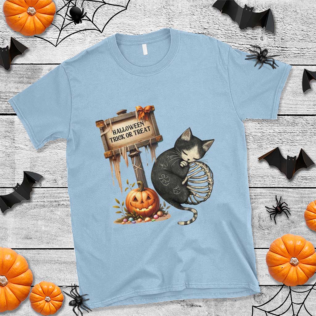 Halloween Trick Or Treat Black Cat Skeleton T Shirt - Wonder Print Shop