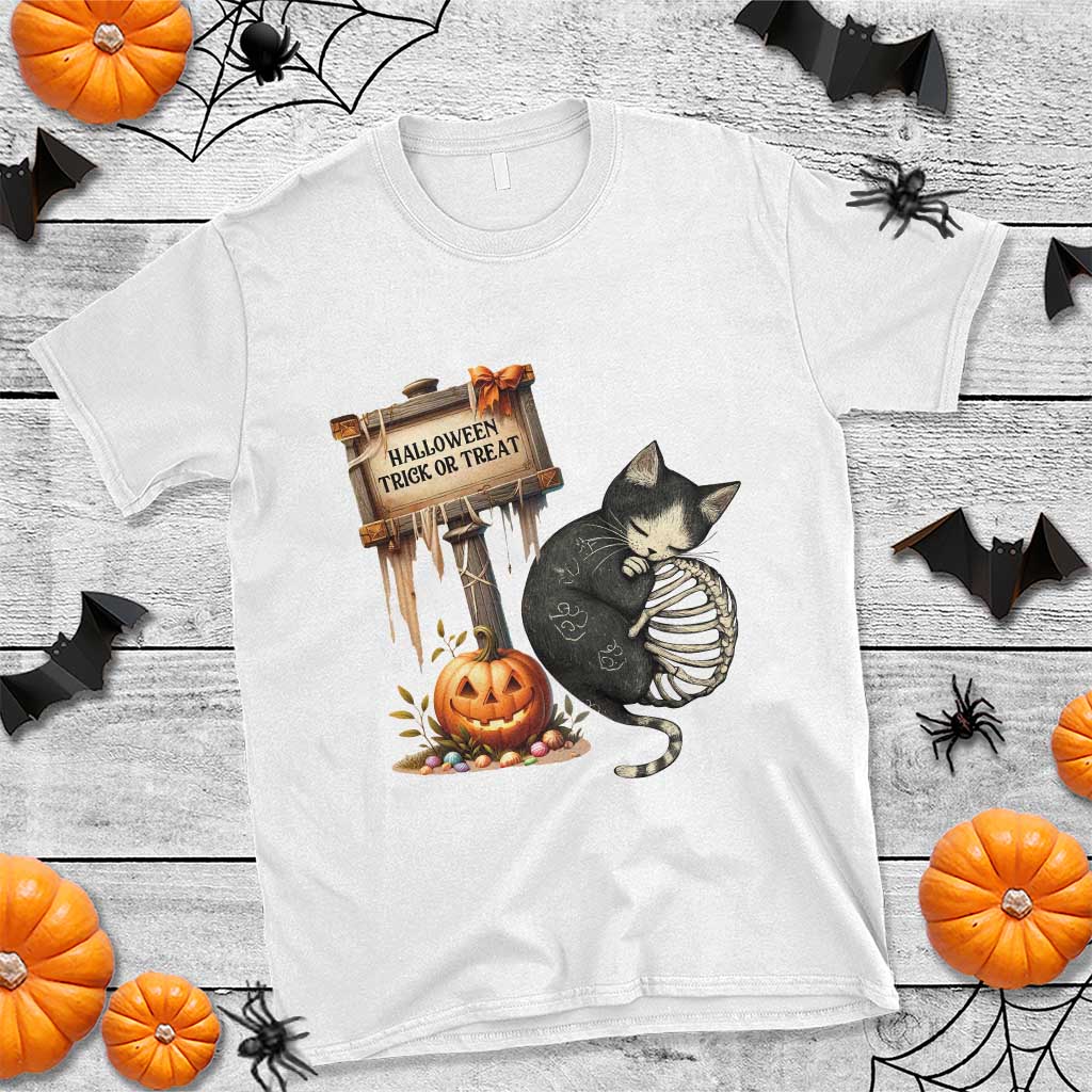 Halloween Trick Or Treat Black Cat Skeleton T Shirt - Wonder Print Shop