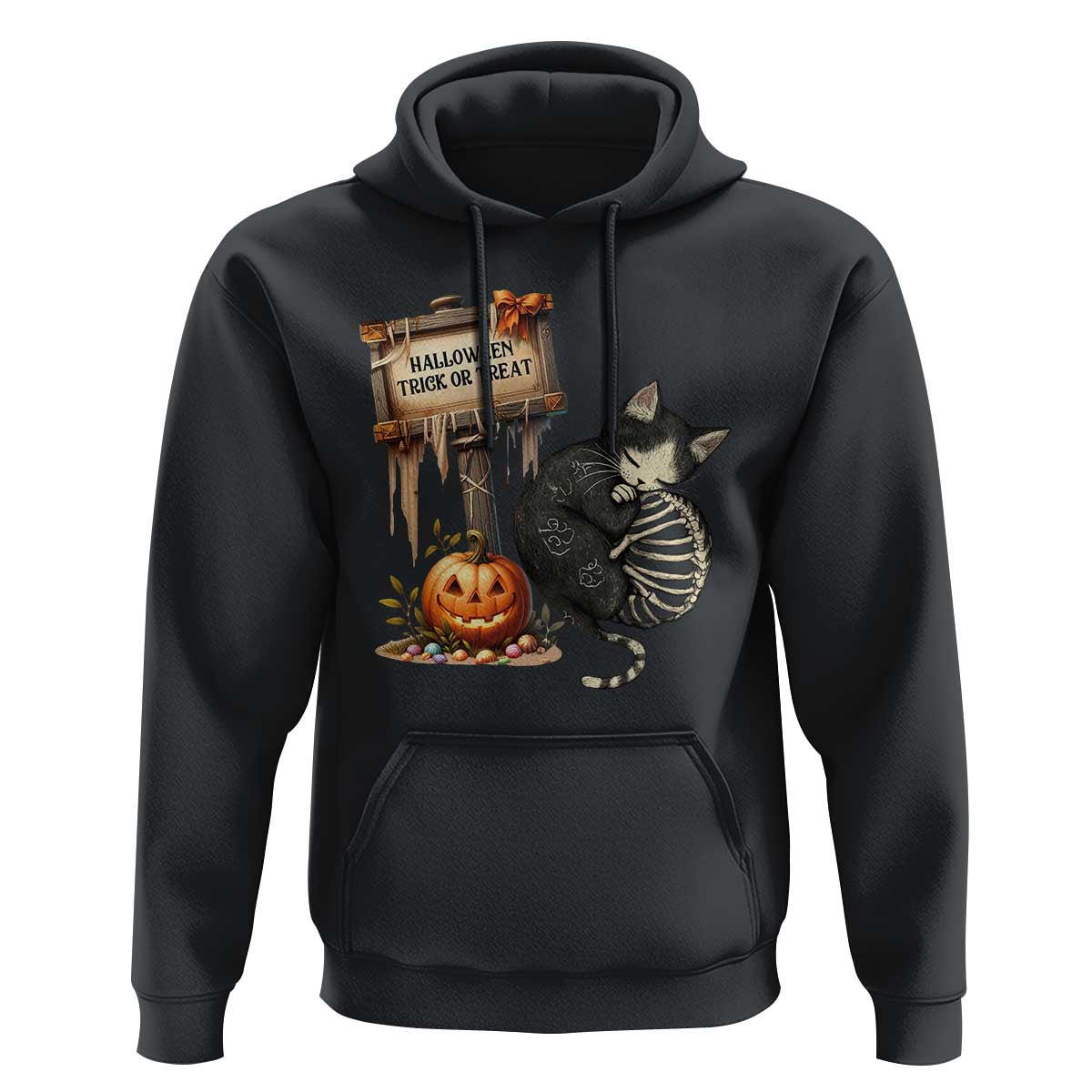 Halloween Trick Or Treat Black Cat Skeleton Hoodie - Wonder Print Shop