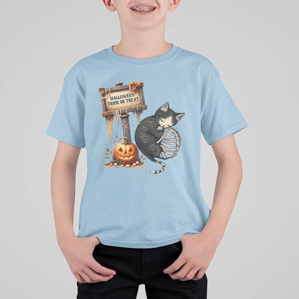 Halloween Trick Or Treat Black Cat Skeleton T Shirt For Kid - Wonder Print Shop