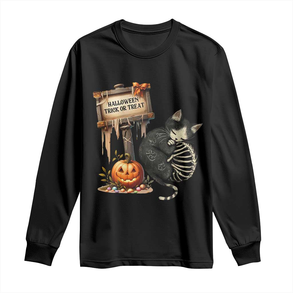 Halloween Trick Or Treat Black Cat Skeleton Long Sleeve Shirt - Wonder Print Shop