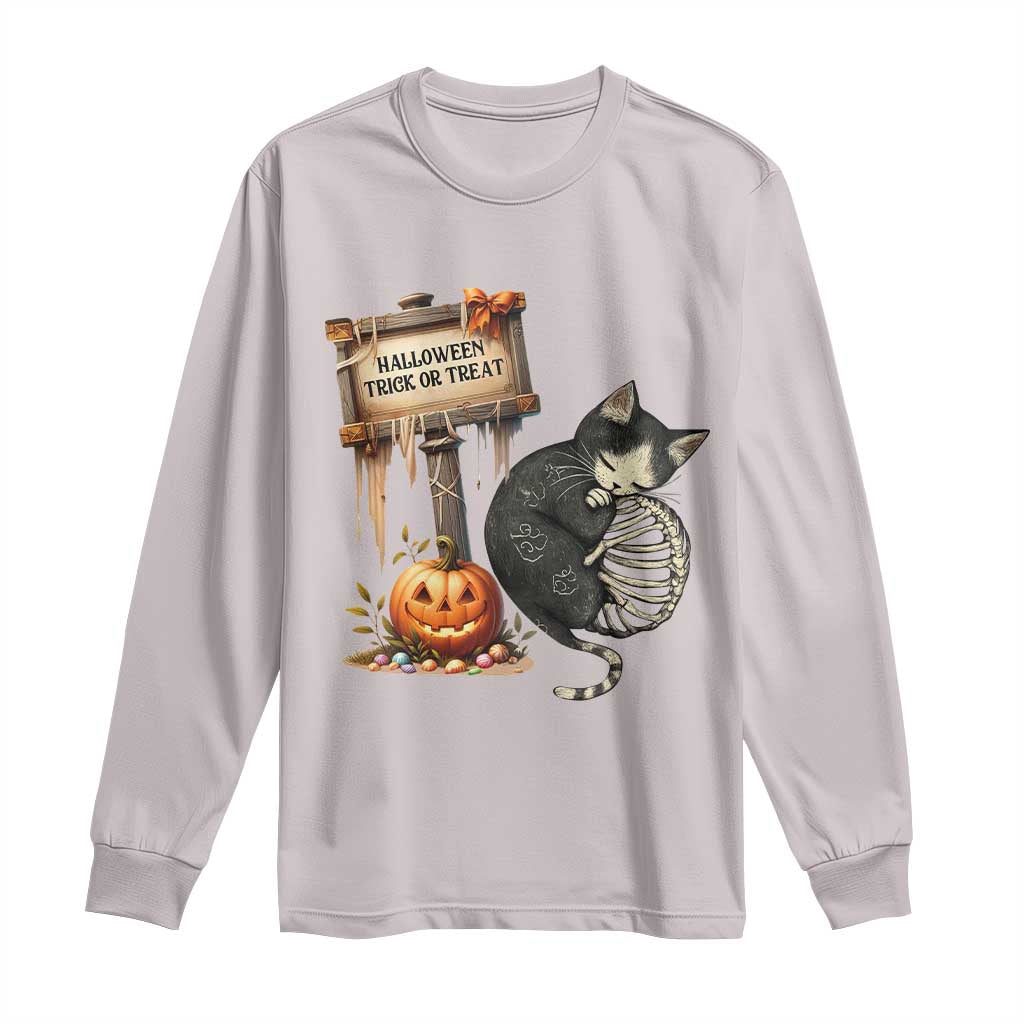 Halloween Trick Or Treat Black Cat Skeleton Long Sleeve Shirt - Wonder Print Shop