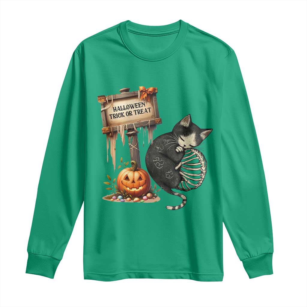 Halloween Trick Or Treat Black Cat Skeleton Long Sleeve Shirt - Wonder Print Shop