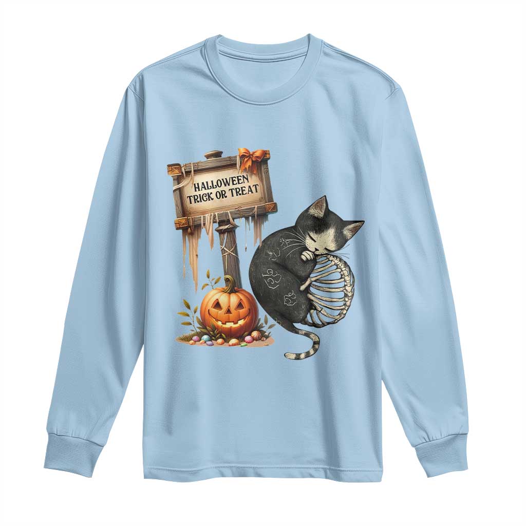 Halloween Trick Or Treat Black Cat Skeleton Long Sleeve Shirt - Wonder Print Shop
