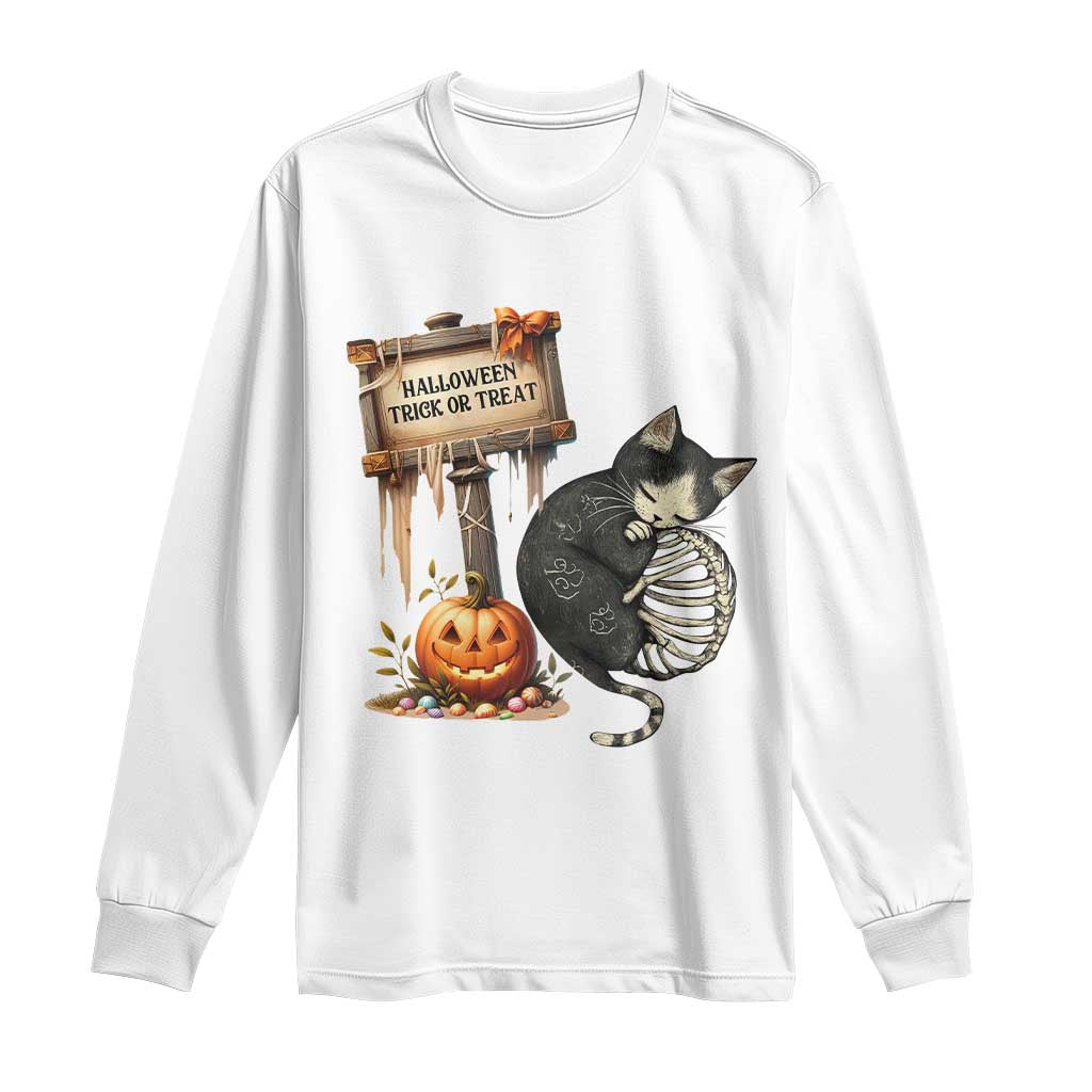 Halloween Trick Or Treat Black Cat Skeleton Long Sleeve Shirt - Wonder Print Shop