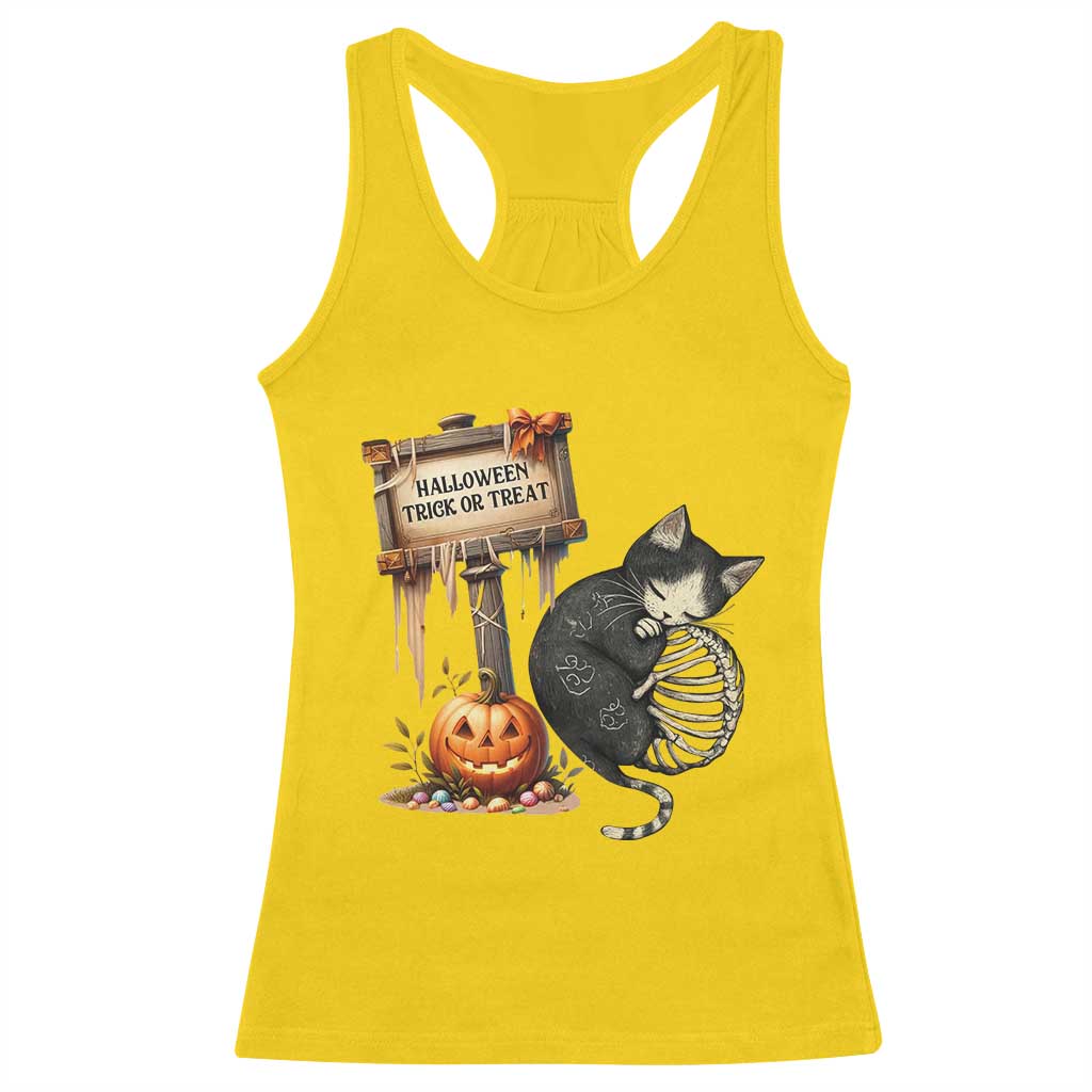 Halloween Trick Or Treat Black Cat Skeleton Racerback Tank Top - Wonder Print Shop