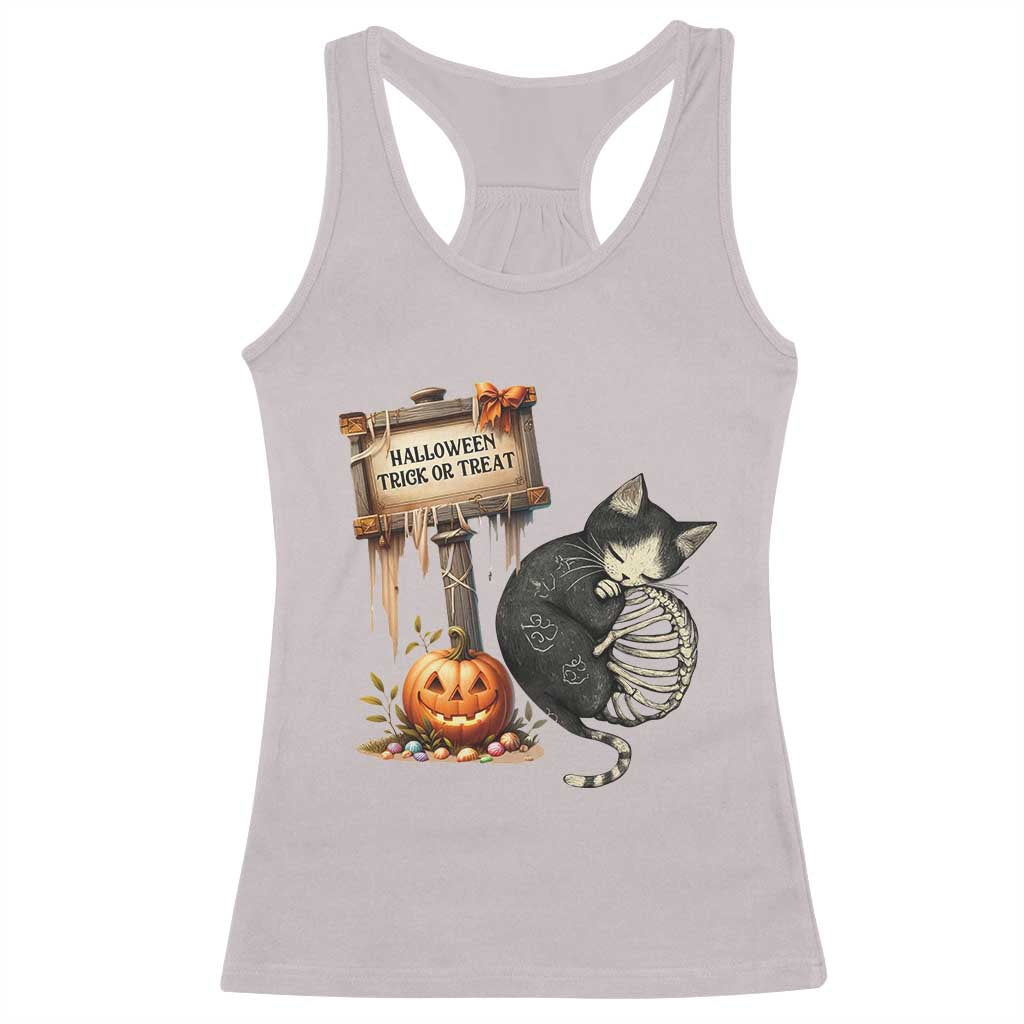 Halloween Trick Or Treat Black Cat Skeleton Racerback Tank Top - Wonder Print Shop