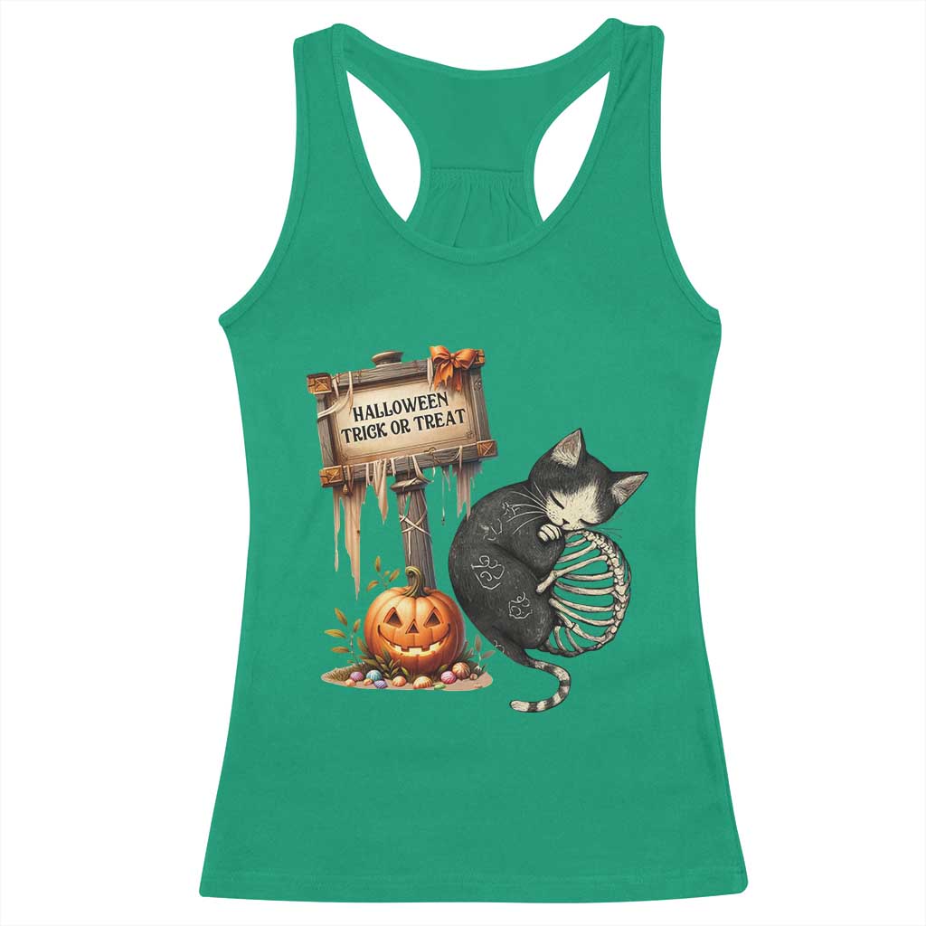 Halloween Trick Or Treat Black Cat Skeleton Racerback Tank Top - Wonder Print Shop