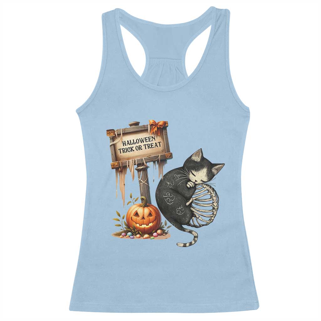Halloween Trick Or Treat Black Cat Skeleton Racerback Tank Top - Wonder Print Shop