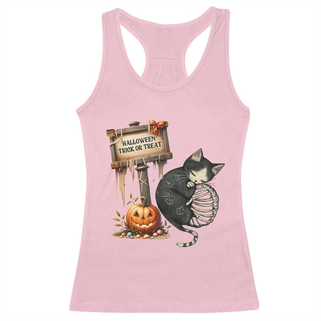 Halloween Trick Or Treat Black Cat Skeleton Racerback Tank Top - Wonder Print Shop