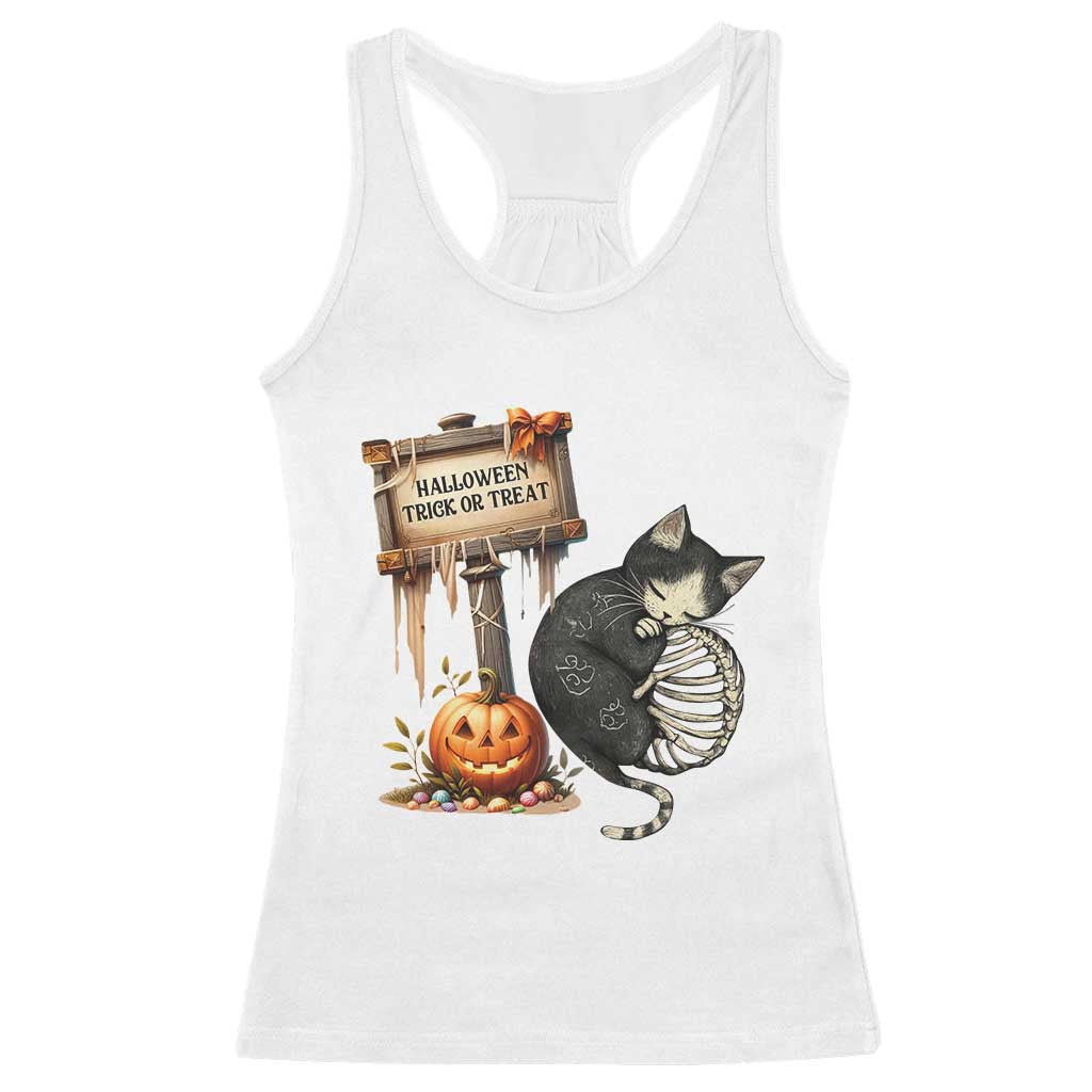 Halloween Trick Or Treat Black Cat Skeleton Racerback Tank Top - Wonder Print Shop