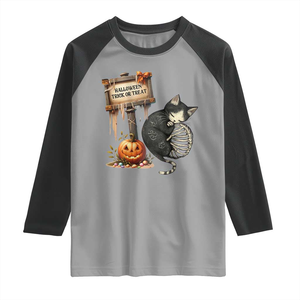 Halloween Trick Or Treat Black Cat Skeleton Halloween Raglan Shirt - Wonder Print Shop