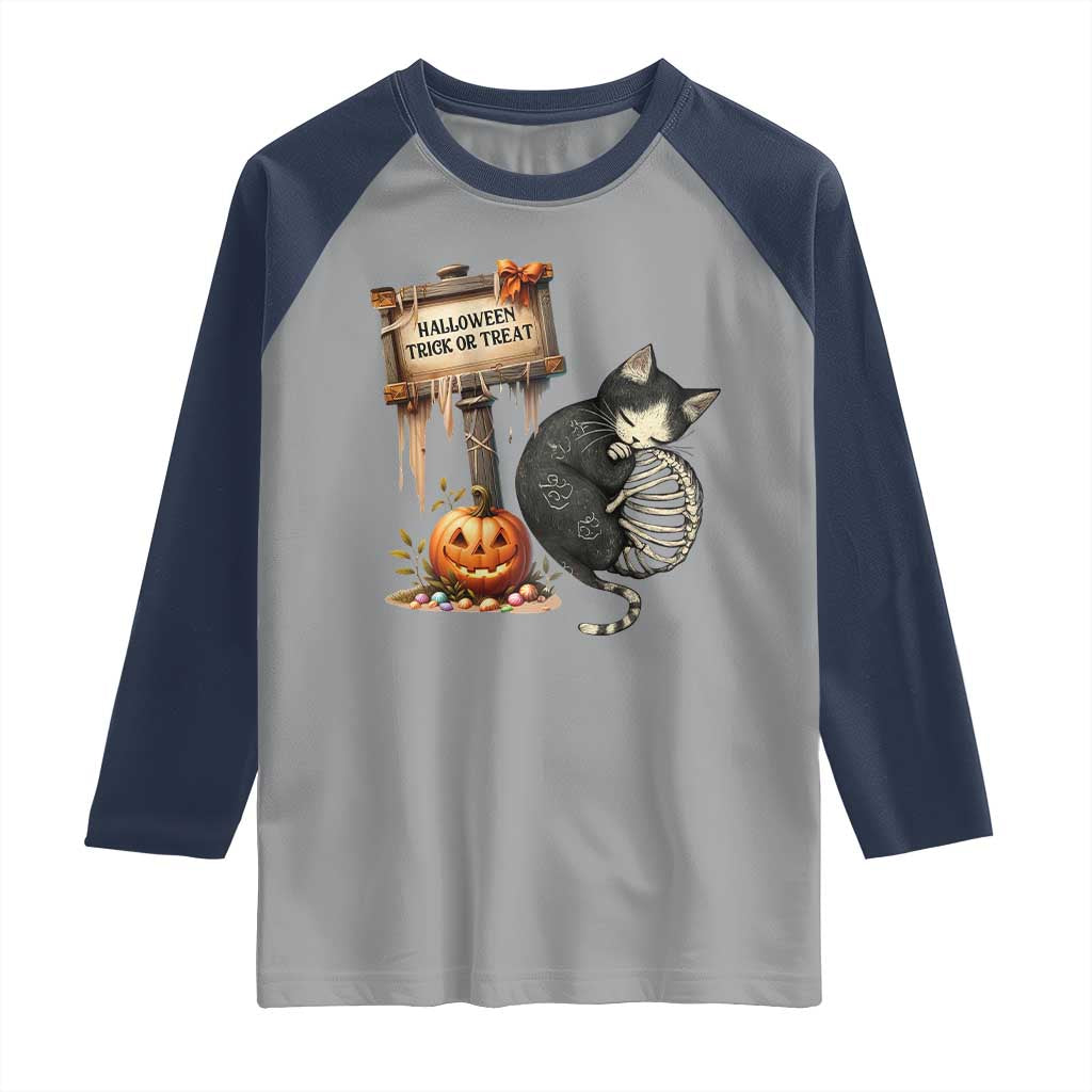 Halloween Trick Or Treat Black Cat Skeleton Halloween Raglan Shirt - Wonder Print Shop