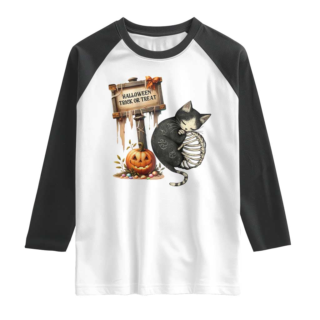 Halloween Trick Or Treat Black Cat Skeleton Halloween Raglan Shirt - Wonder Print Shop