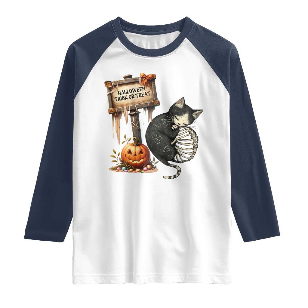 Halloween Trick Or Treat Black Cat Skeleton Halloween Raglan Shirt - Wonder Print Shop