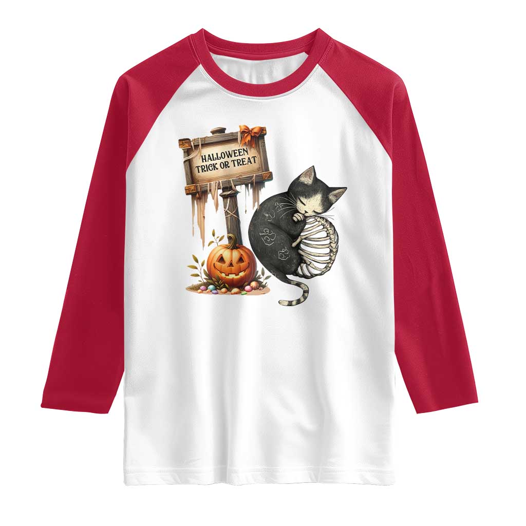Halloween Trick Or Treat Black Cat Skeleton Halloween Raglan Shirt - Wonder Print Shop