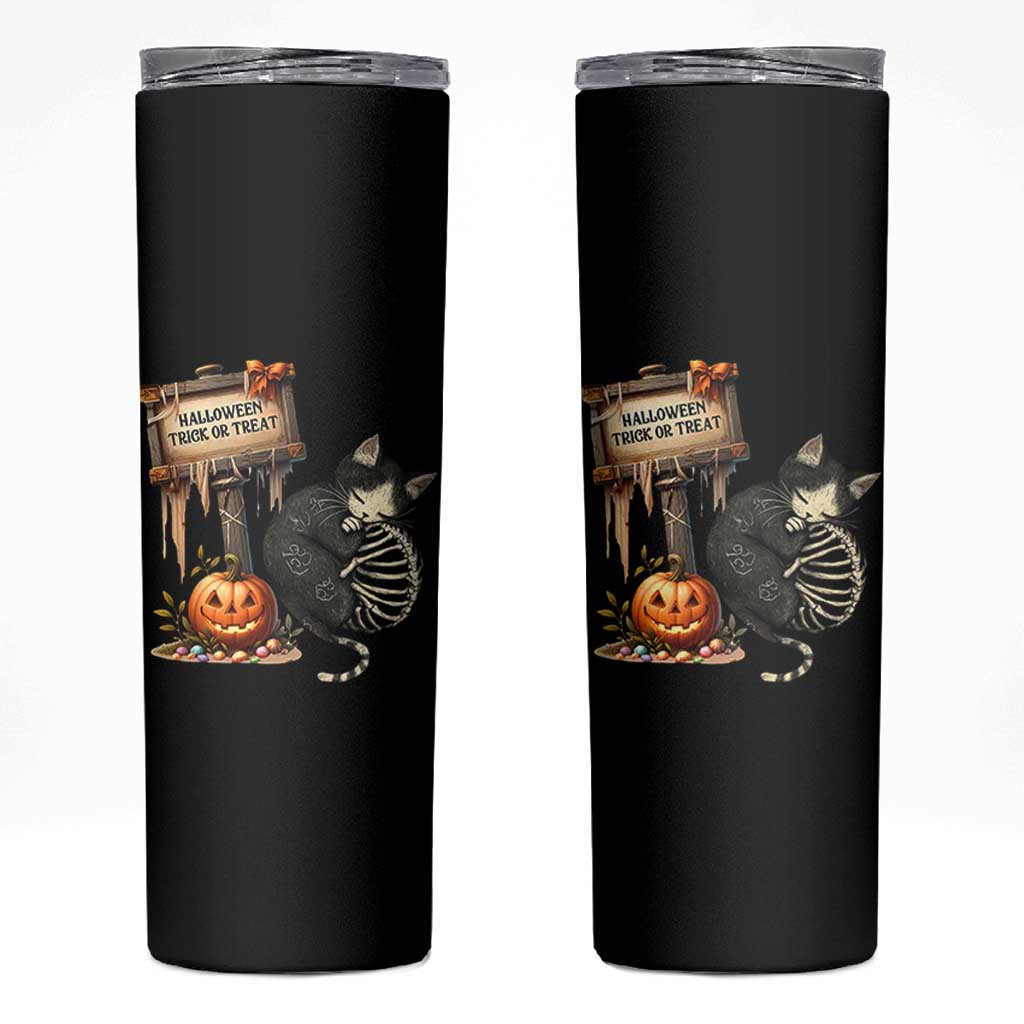 Halloween Trick Or Treat Black Cat Skeleton Halloween Skinny Tumbler
